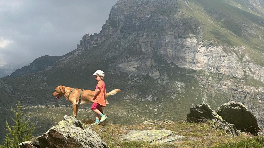 A child with his dog hiking in the Alps during a family and pet friendly vacation at Maison Gorret